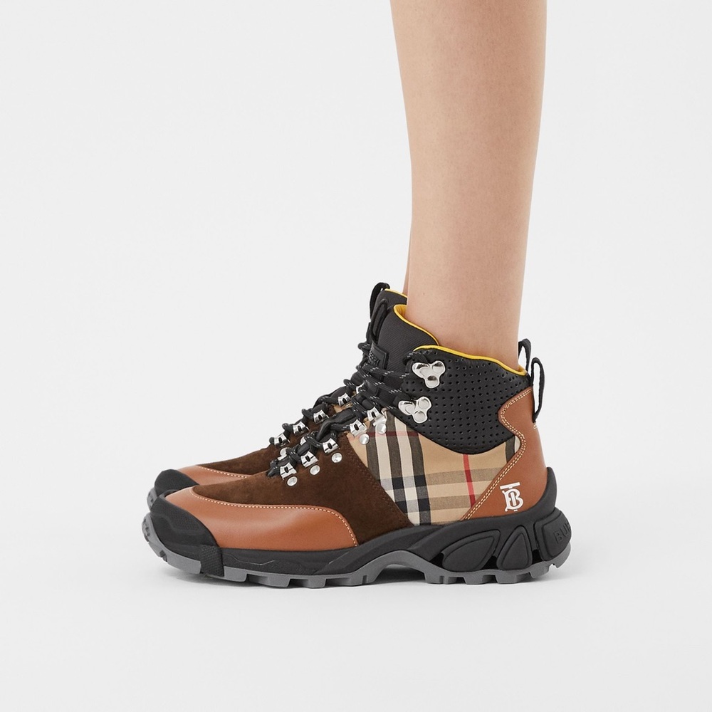 Burberry Brown Leather, Vintage Check Cotton And Suede Tor Boots - Picture 1 of 10